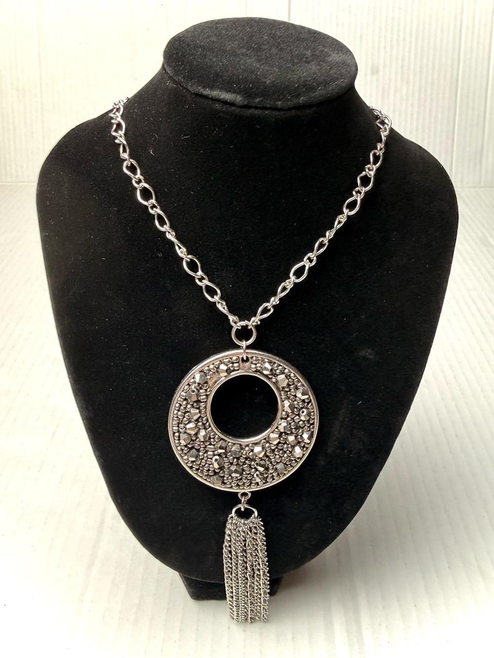 NY Marcasite Medallion Tassle Retro Statement Necklace 40 " Chain Jewelry